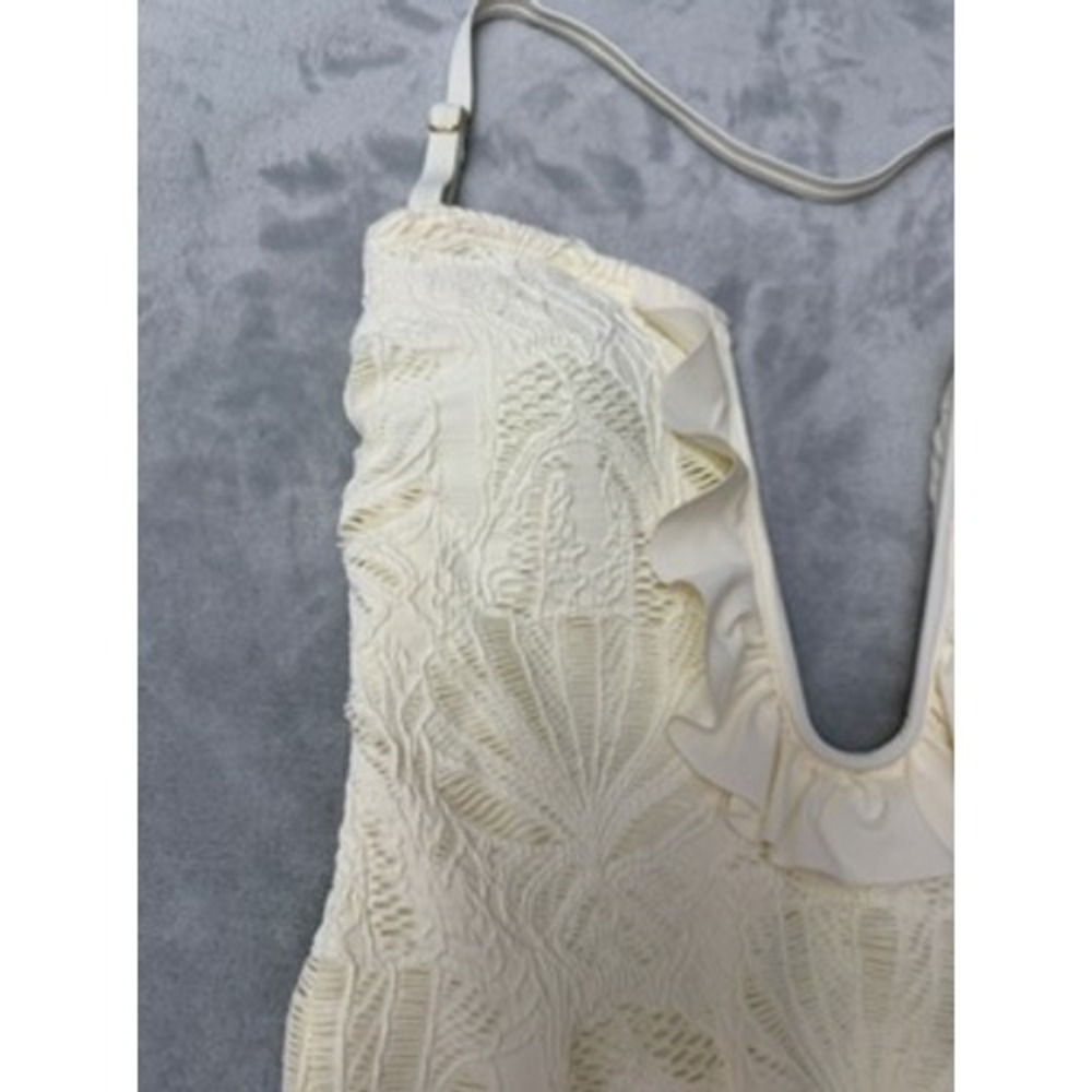 NWT CECE One Piece Swimsuit Womens Cream Lace Ruffle Deep V-Neck Sz10 $88 - Picture 7 of 14
